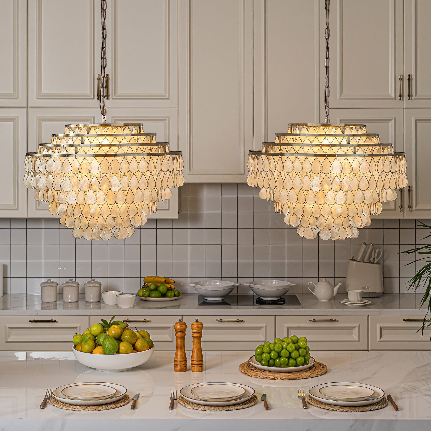 7-Light 24'' Mid-Century Modern Coastal Aged Bronze  4-Tier Natural Capiz Shell Chandelier Vintage Glam Pendant Light For Dining Room Living Room or Foyer