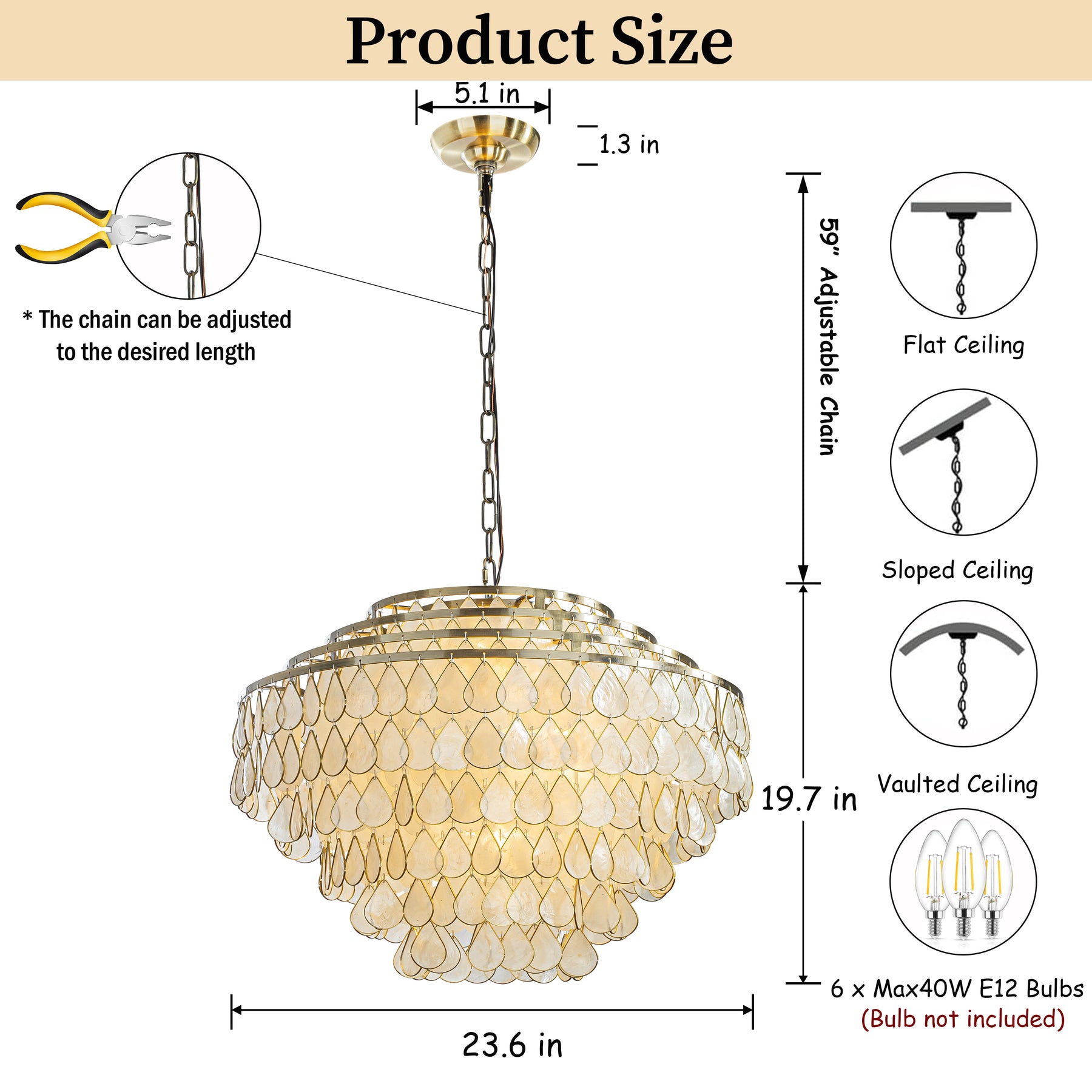 7-Light 24'' Mid-Century Modern Coastal Aged Bronze  4-Tier Natural Capiz Shell Chandelier Vintage Glam Pendant Light For Dining Room Living Room or Foyer
