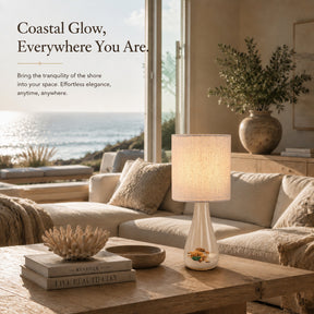 Coastal Rechargeable Glass Accent Table Lamp with White Linen Shade and Adjustable LED Light