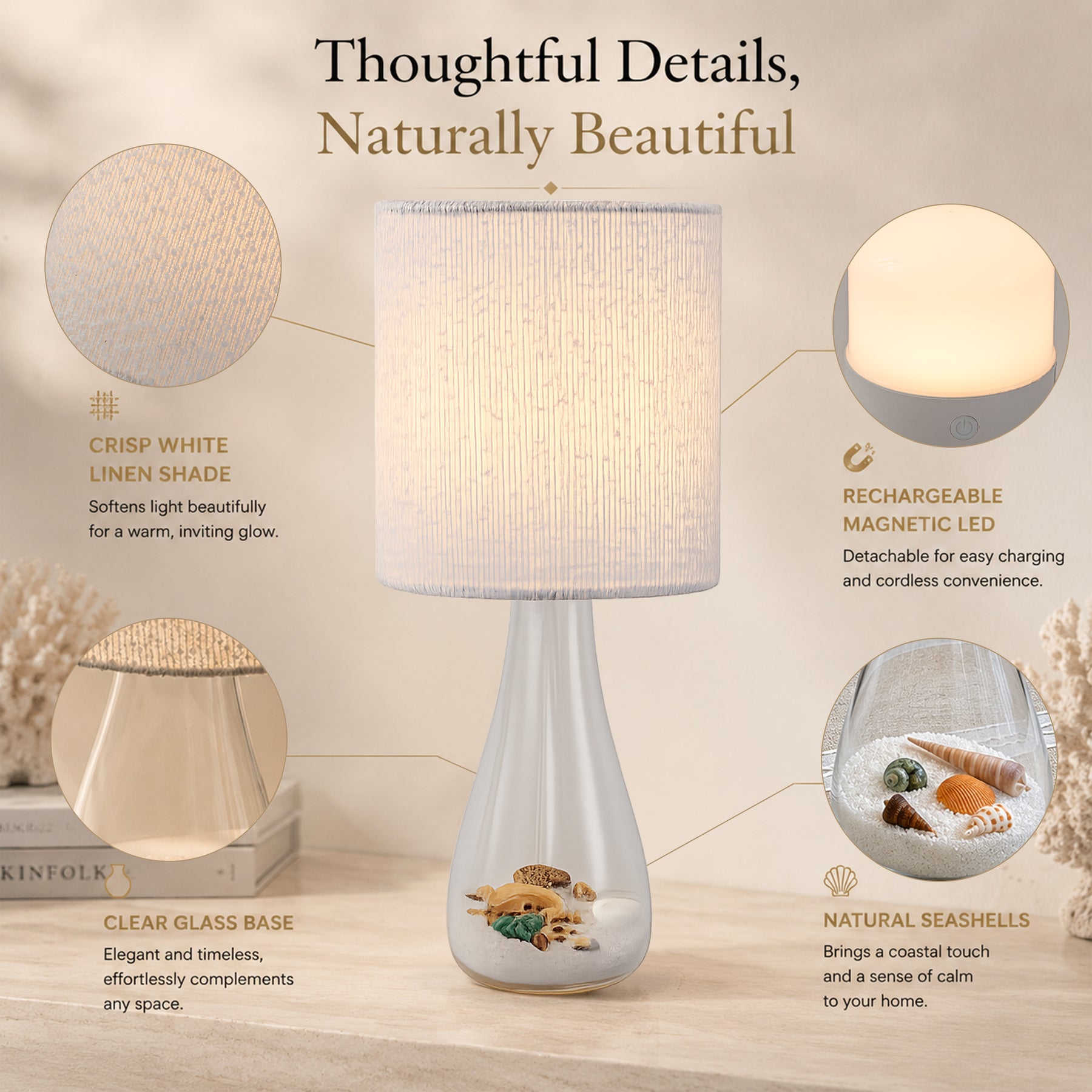 Coastal Rechargeable Glass Accent Table Lamp with White Linen Shade and Adjustable LED Light