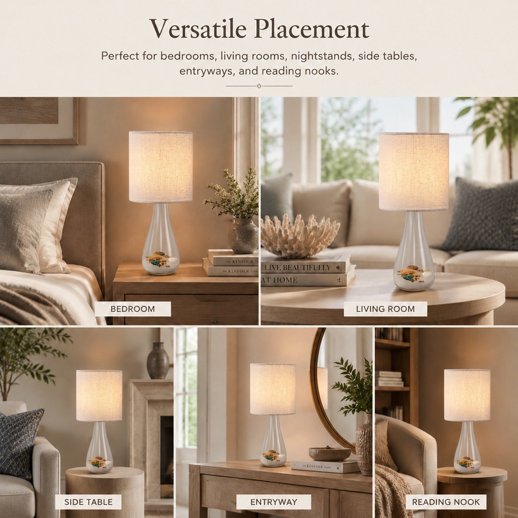 Coastal Rechargeable Glass Accent Table Lamp with White Linen Shade and Adjustable LED Light