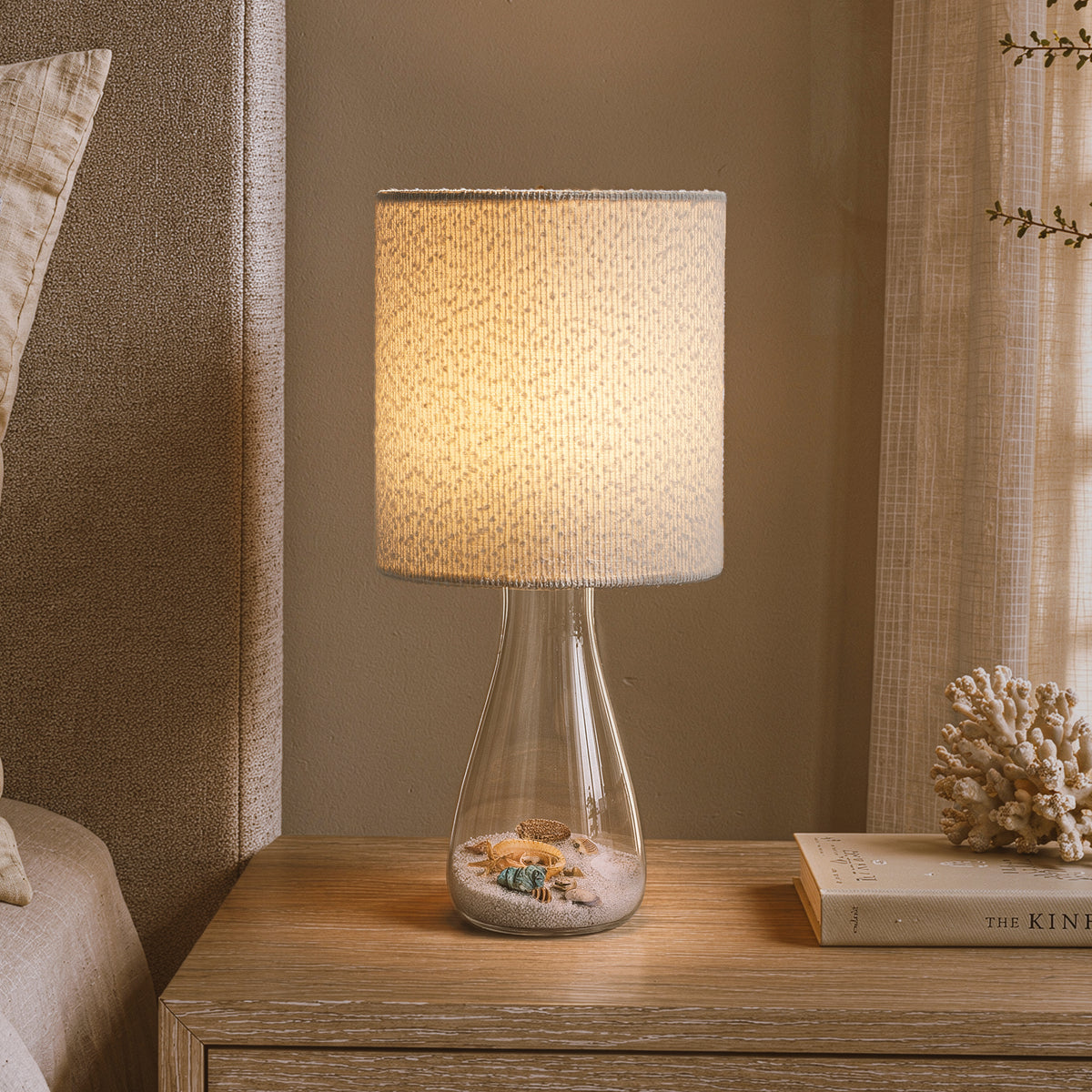 Coastal Rechargeable Glass Accent Table Lamp with White Linen Shade and Adjustable LED Light