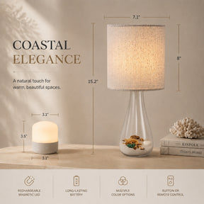 Coastal Rechargeable Glass Accent Table Lamp with White Linen Shade and Adjustable LED Light