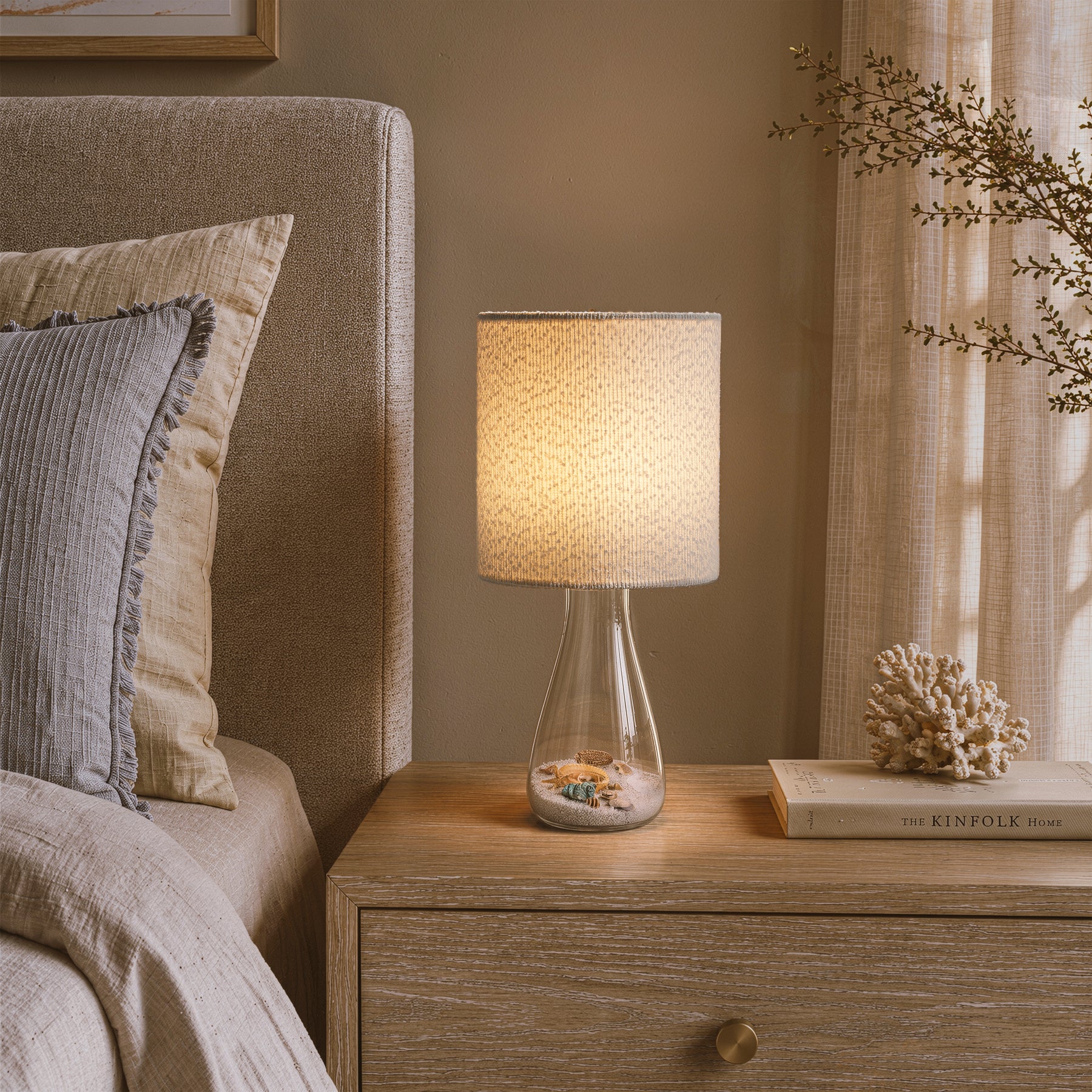 Coastal Rechargeable Glass Accent Table Lamp with White Linen Shade and Adjustable LED Light