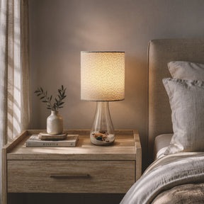 Coastal Rechargeable Glass Accent Table Lamp with White Linen Shade and Adjustable LED Light