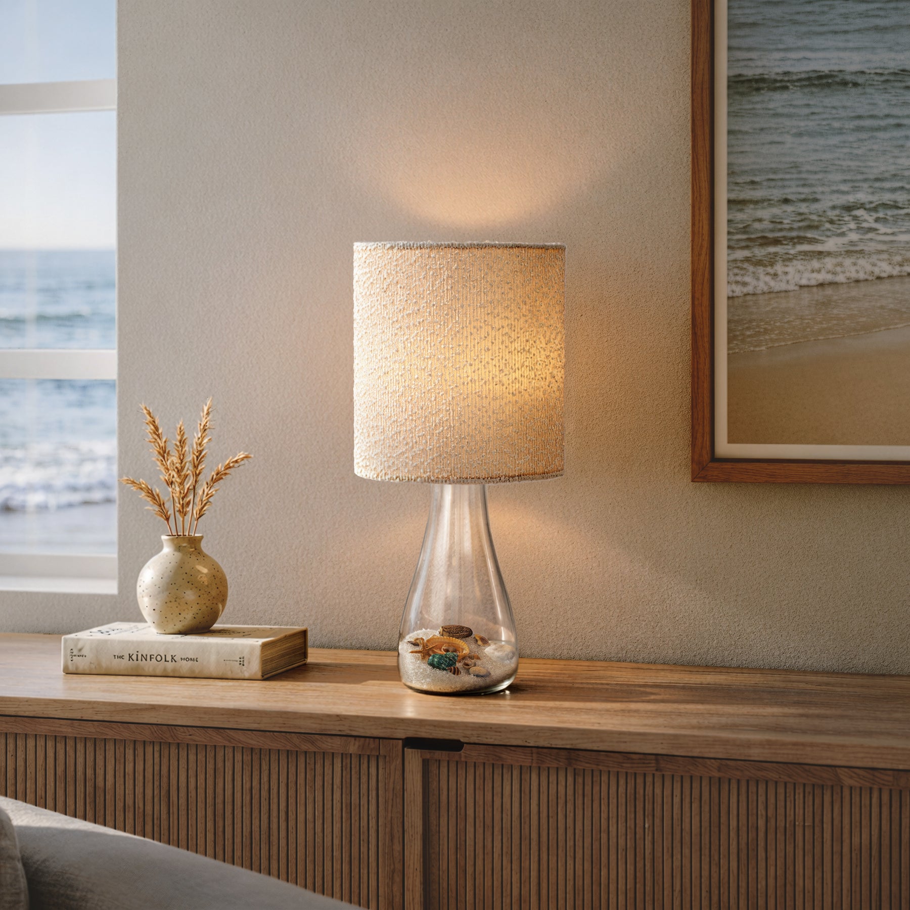 Coastal Rechargeable Glass Accent Table Lamp with White Linen Shade and Adjustable LED Light