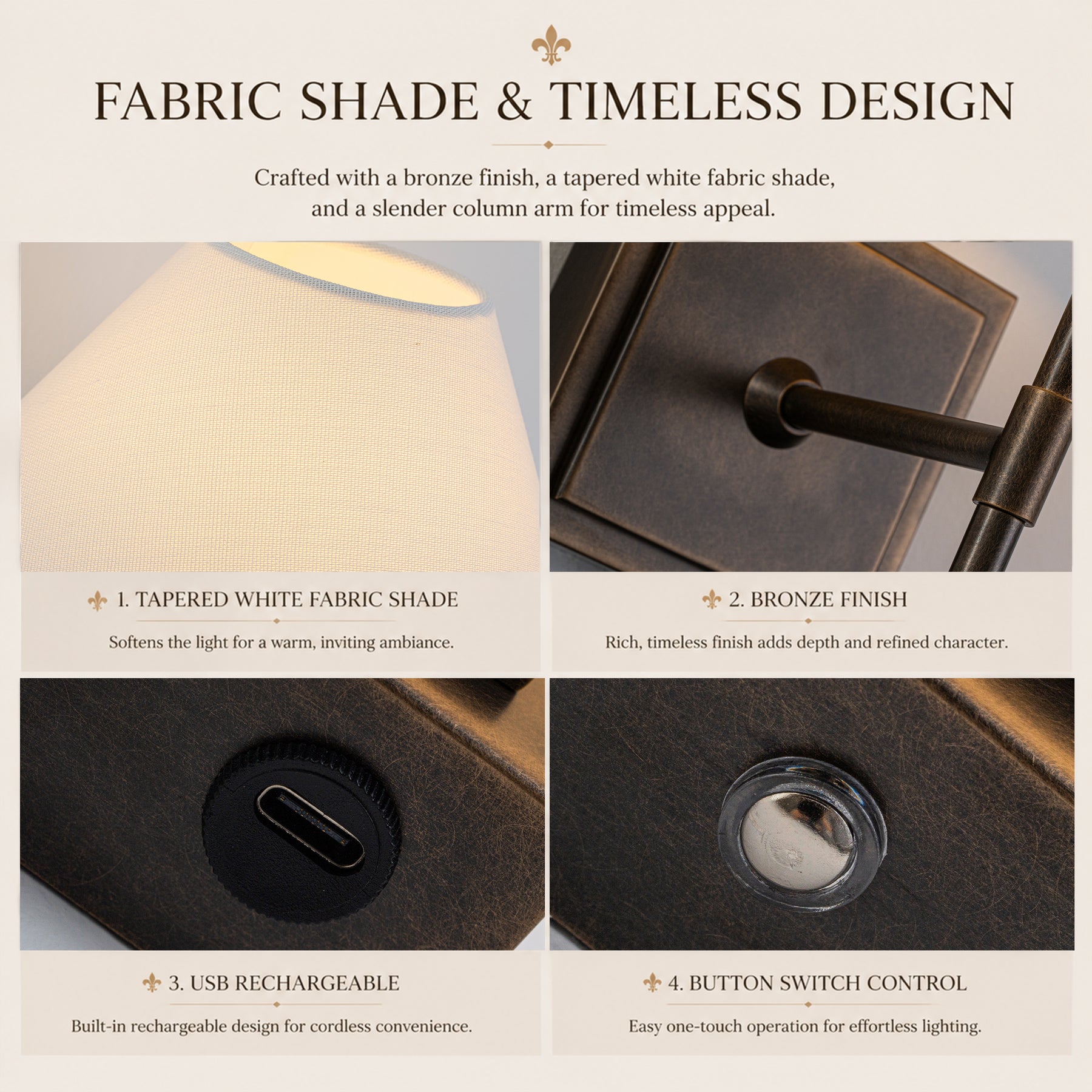 Modern Farmhouse Weathered Bronze Cordless Rechargeable Reading Wall Sconce with White Fabric Shade