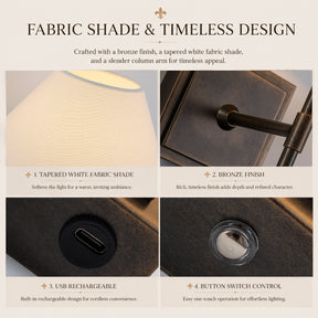 Modern Farmhouse Weathered Bronze Cordless Rechargeable Reading Wall Sconce with White Fabric Shade