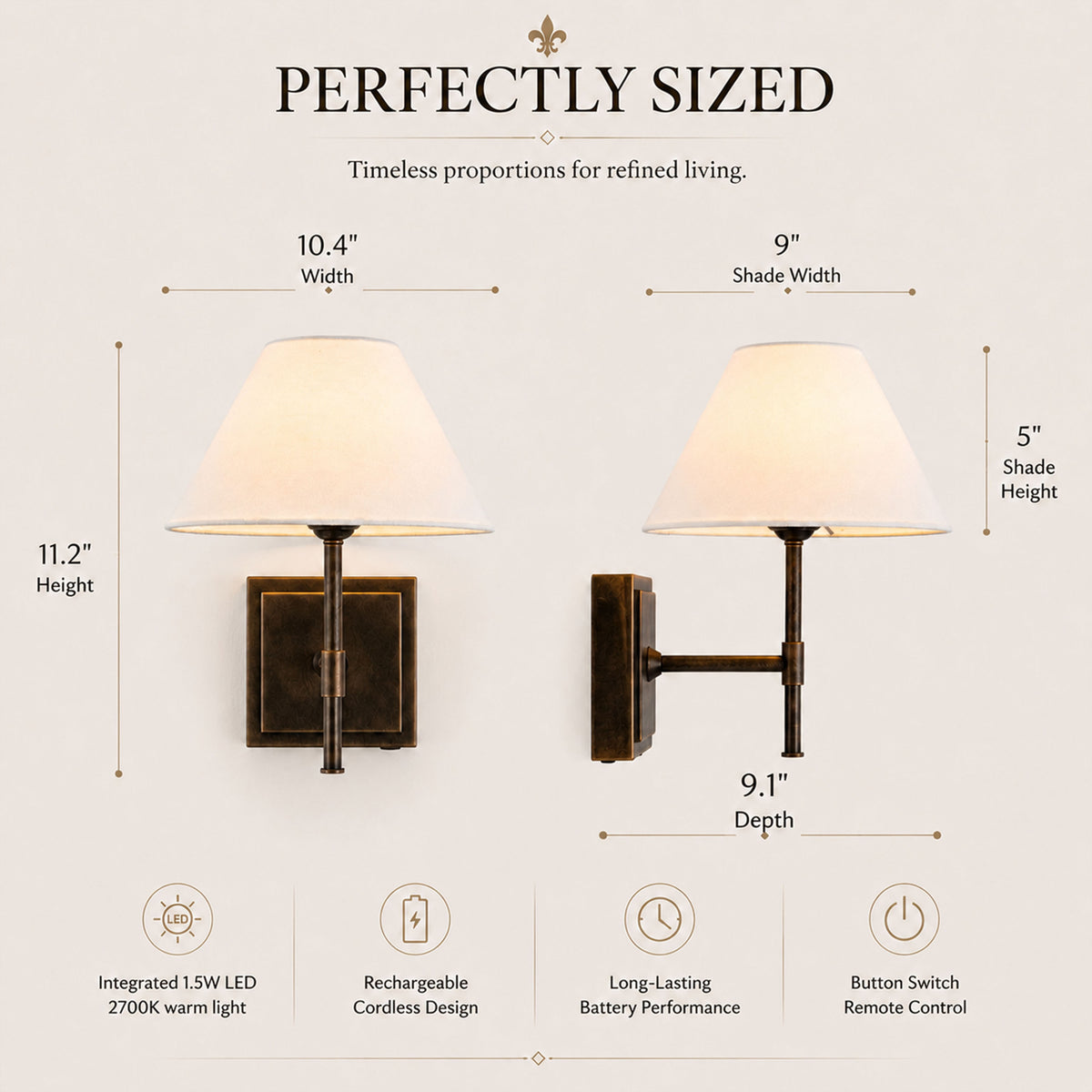 Modern Farmhouse Weathered Bronze Cordless Rechargeable Reading Wall Sconce with White Fabric Shade