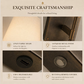 Modern Farmhouse Bronze Cordless Rechargeable Fabric Shade Wall Sconce for Bedroom