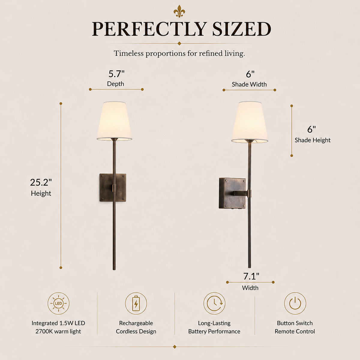 Modern Farmhouse Bronze Cordless Rechargeable Fabric Shade Wall Sconce for Bedroom