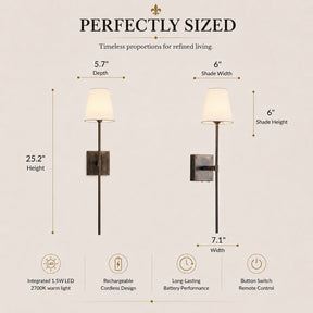 Modern Farmhouse Bronze Cordless Rechargeable Fabric Shade Wall Sconce for Bedroom