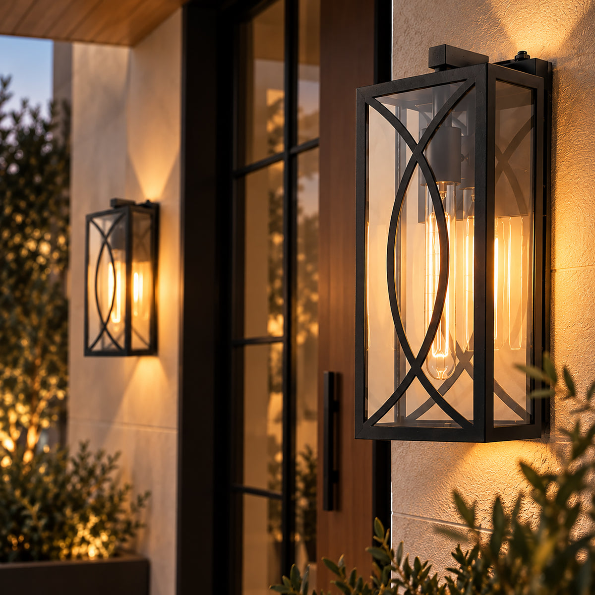 15 in. 1-Light Matte Black Dusk-to-Dawn Outdoor Wall Lantern Sconce with Clear Glass (2-Pack)