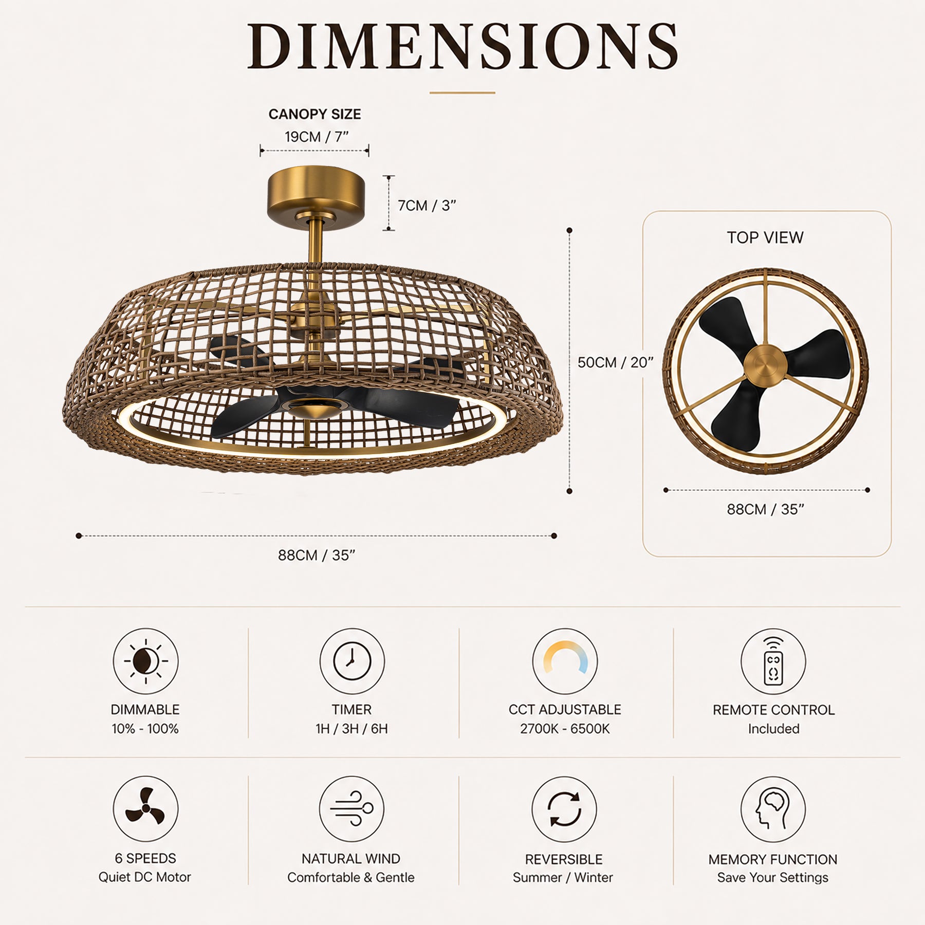 35" Rattan-Inspired Fandelier with Integrated LED Light and Remote