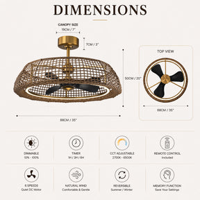 35" Rattan-Inspired Fandelier with Integrated LED Light and Remote