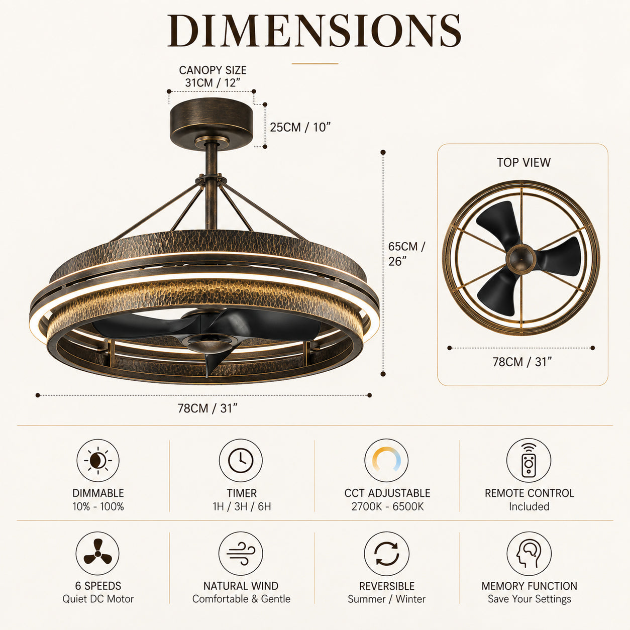 31 in. Antique Bronze Hammered Metal Integrated LED Fandelier with 6-Speed Reversible DC Motor and Remote