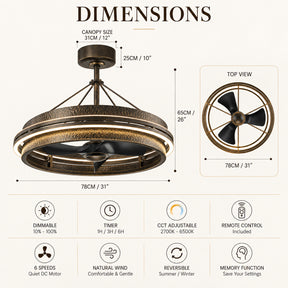 31 in. Antique Bronze Hammered Metal Integrated LED Fandelier with 6-Speed Reversible DC Motor and Remote