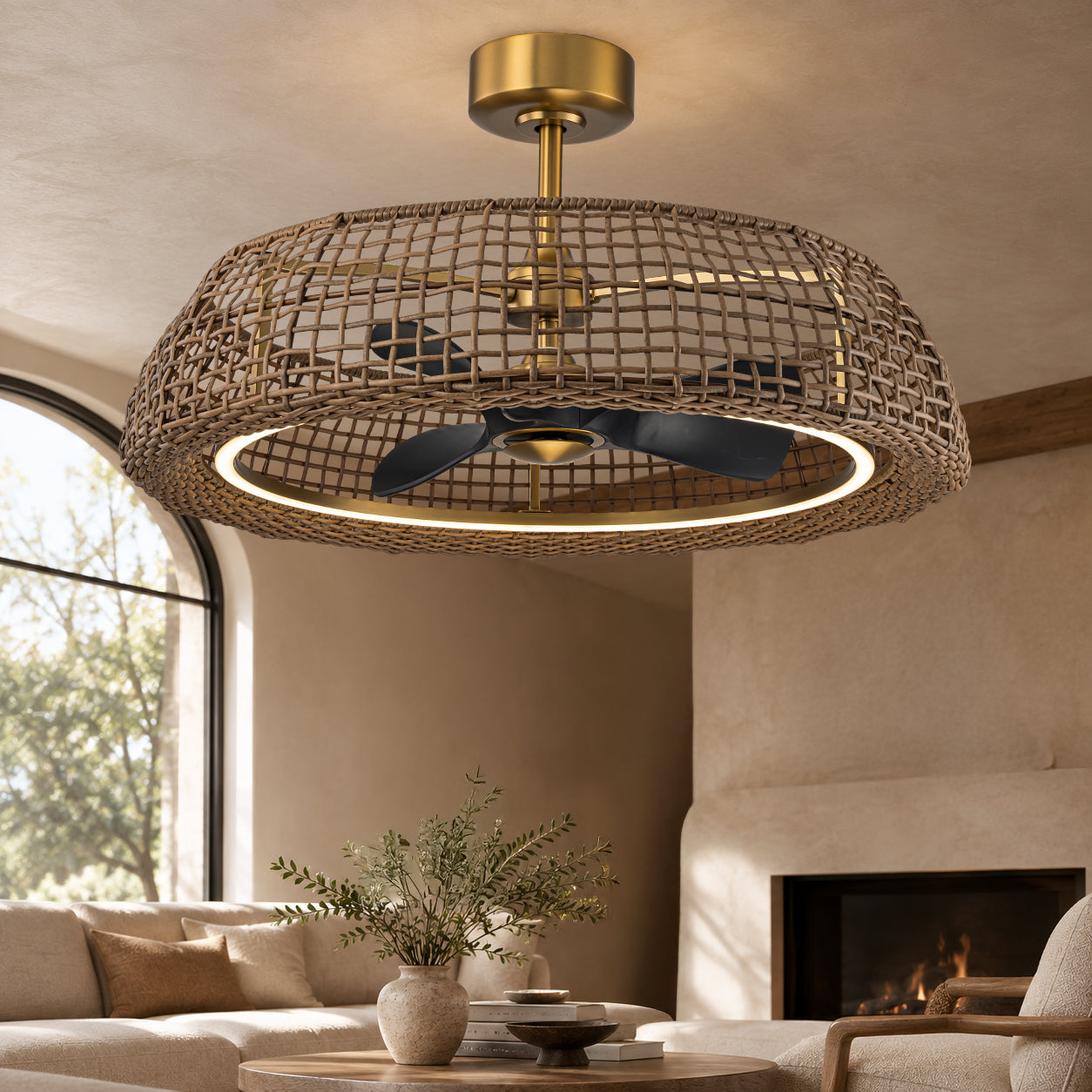 35" Rattan-Inspired Fandelier with Integrated LED Light and Remote