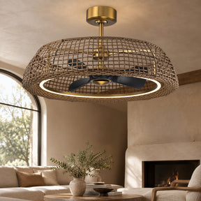 35" Rattan-Inspired Fandelier with Integrated LED Light and Remote