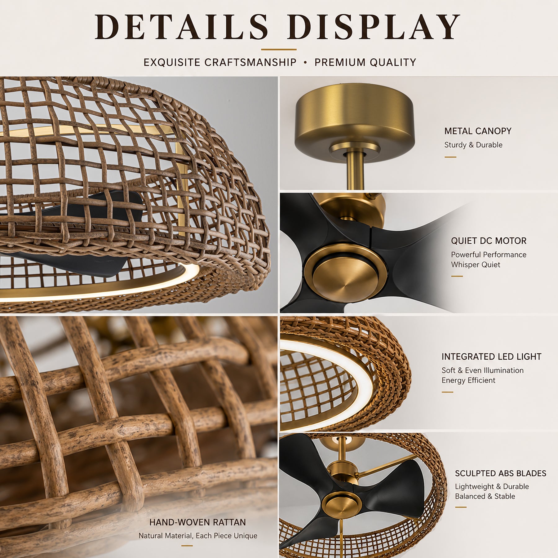 35" Rattan-Inspired Fandelier with Integrated LED Light and Remote