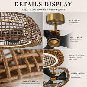35" Rattan-Inspired Fandelier with Integrated LED Light and Remote