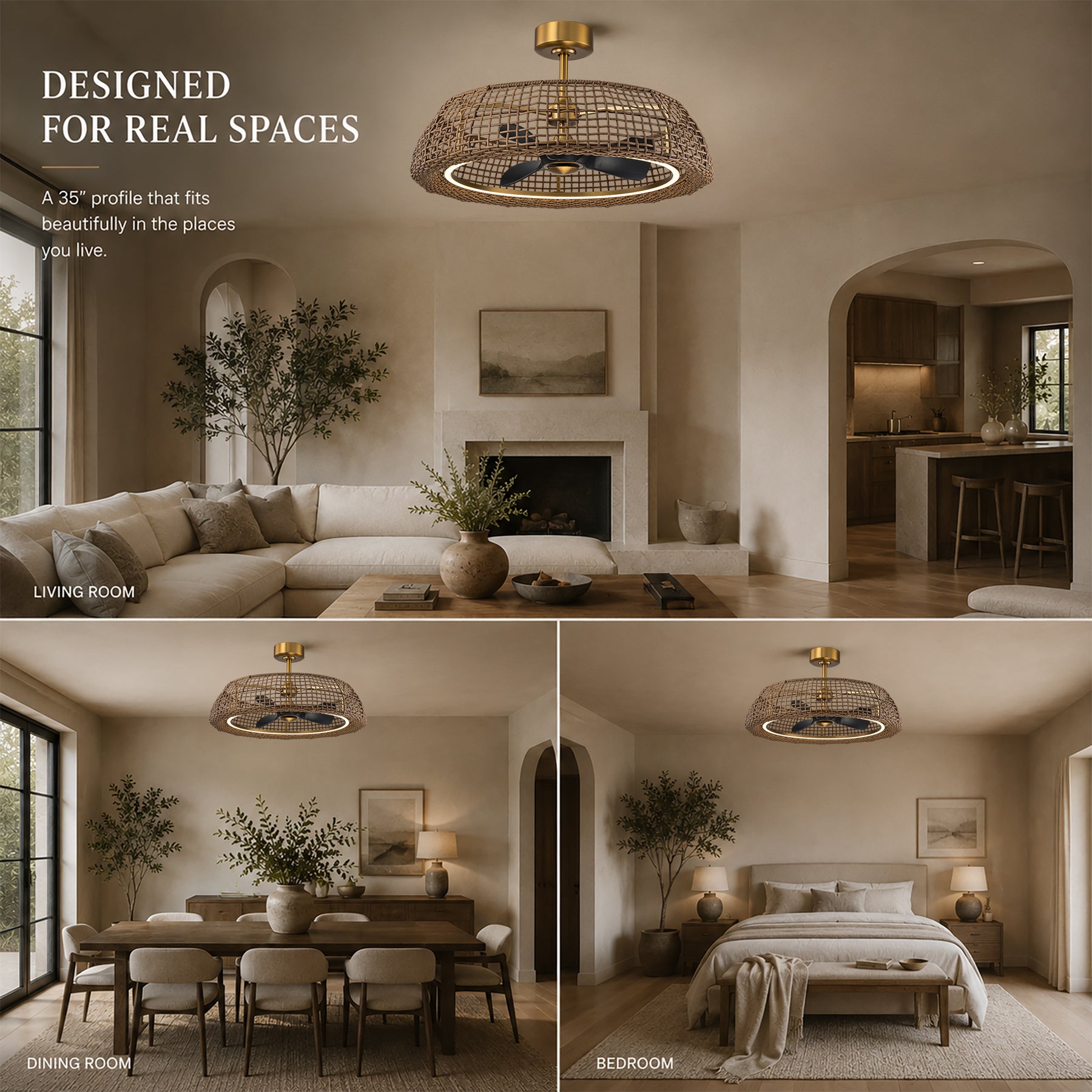 35" Rattan-Inspired Fandelier with Integrated LED Light and Remote