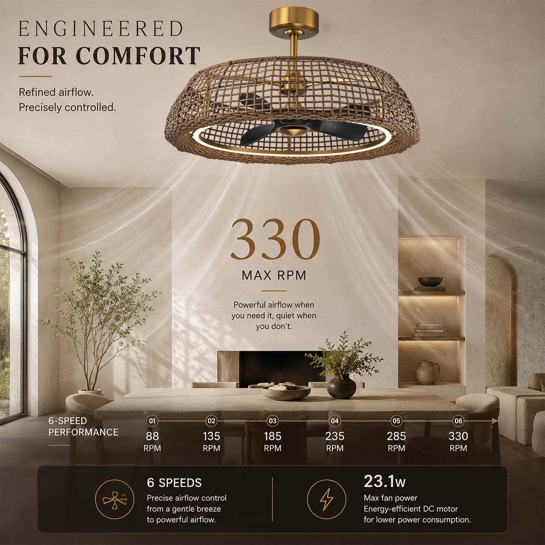 35" Rattan-Inspired Fandelier with Integrated LED Light and Remote