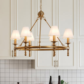 6-Light W34 in Vitage Brass Chandelier Untique Classic Lighting with White Fabric Lamp Shade