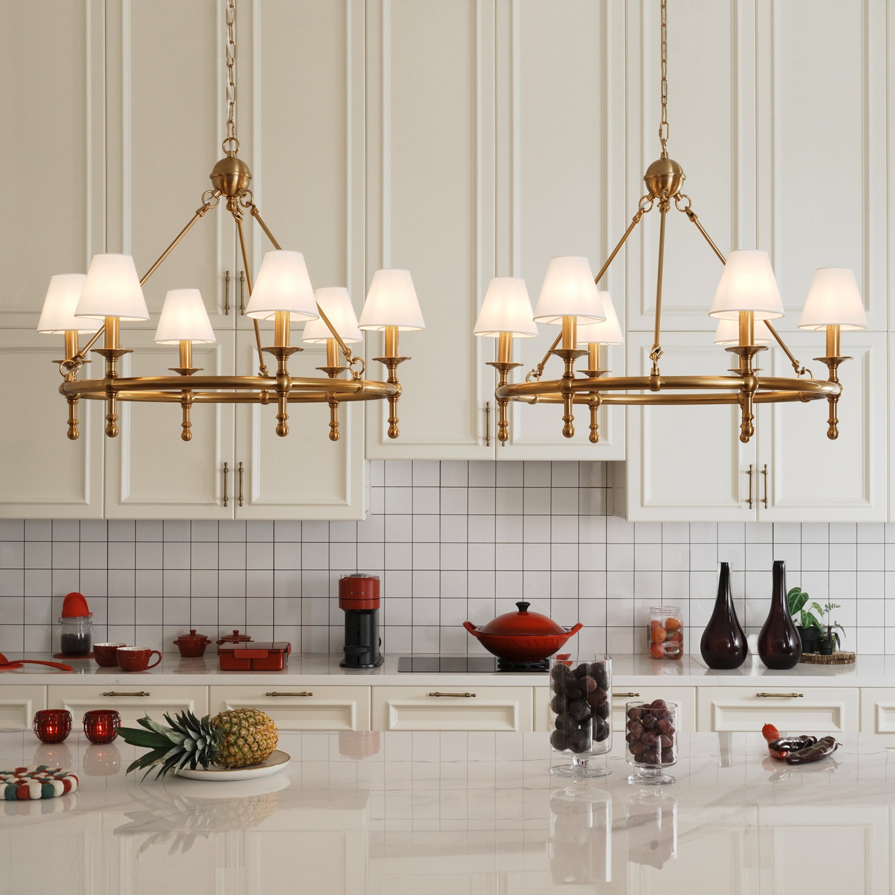 6-Light W34 in Vitage Brass Chandelier Untique Classic Lighting with White Fabric Lamp Shade
