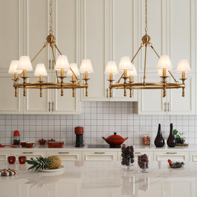 6-Light W34 in Vitage Brass Chandelier Untique Classic Lighting with White Fabric Lamp Shade