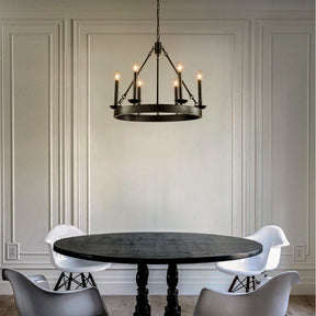 26'' 6-Light Modern Farmhouse Black Candelabra Chandelier Round Rustic Industrial Candle Pendant Lighting For Living Room and Dining Room