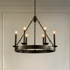 26'' 6-Light Modern Farmhouse Black Candelabra Chandelier Round Rustic Industrial Candle Pendant Lighting For Living Room and Dining Room
