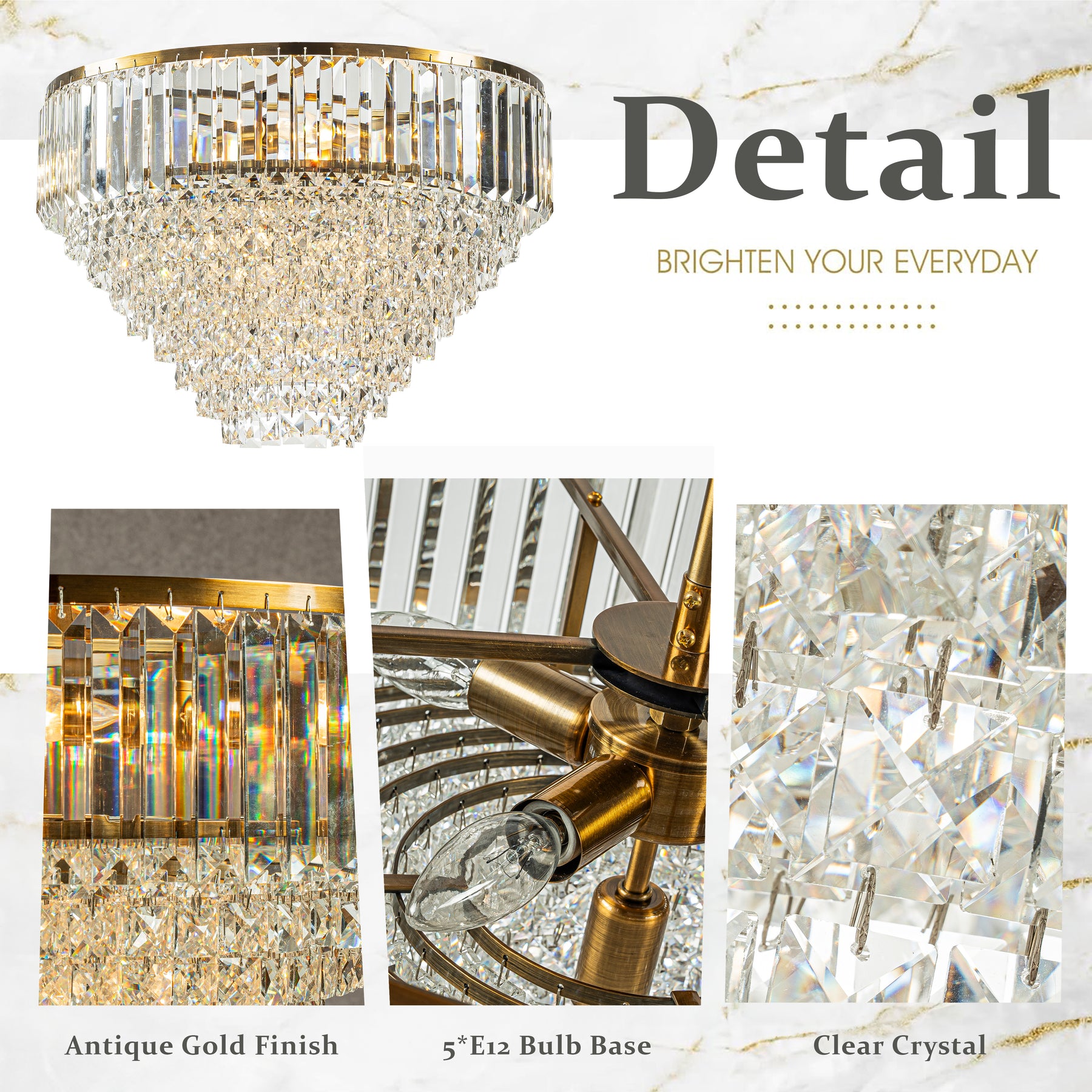 5 Lights 20" Modern Glam Antique Gold Crystal Tiered Flush Mount Luxury Ceiling Light  For Dining Room & Bedroom  & Entryway