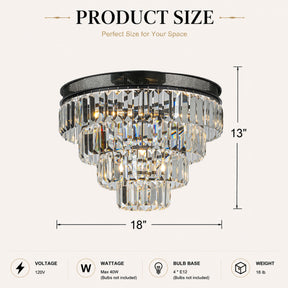 18'' Modern Classic Crystal Flush Mount With Matte Black Finish 4-Light Tiered Ceiling Light For Dining Room Foyer Bedroom