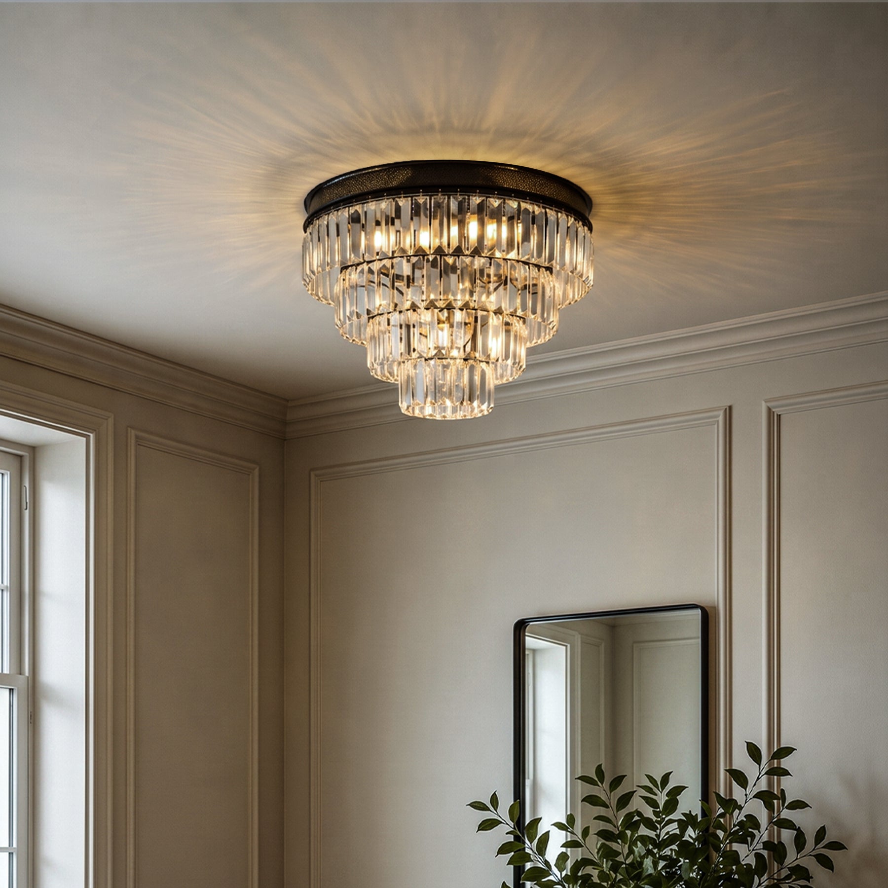 18'' Modern Classic Crystal Flush Mount With Matte Black Finish 4-Light Tiered Ceiling Light For Dining Room Foyer Bedroom