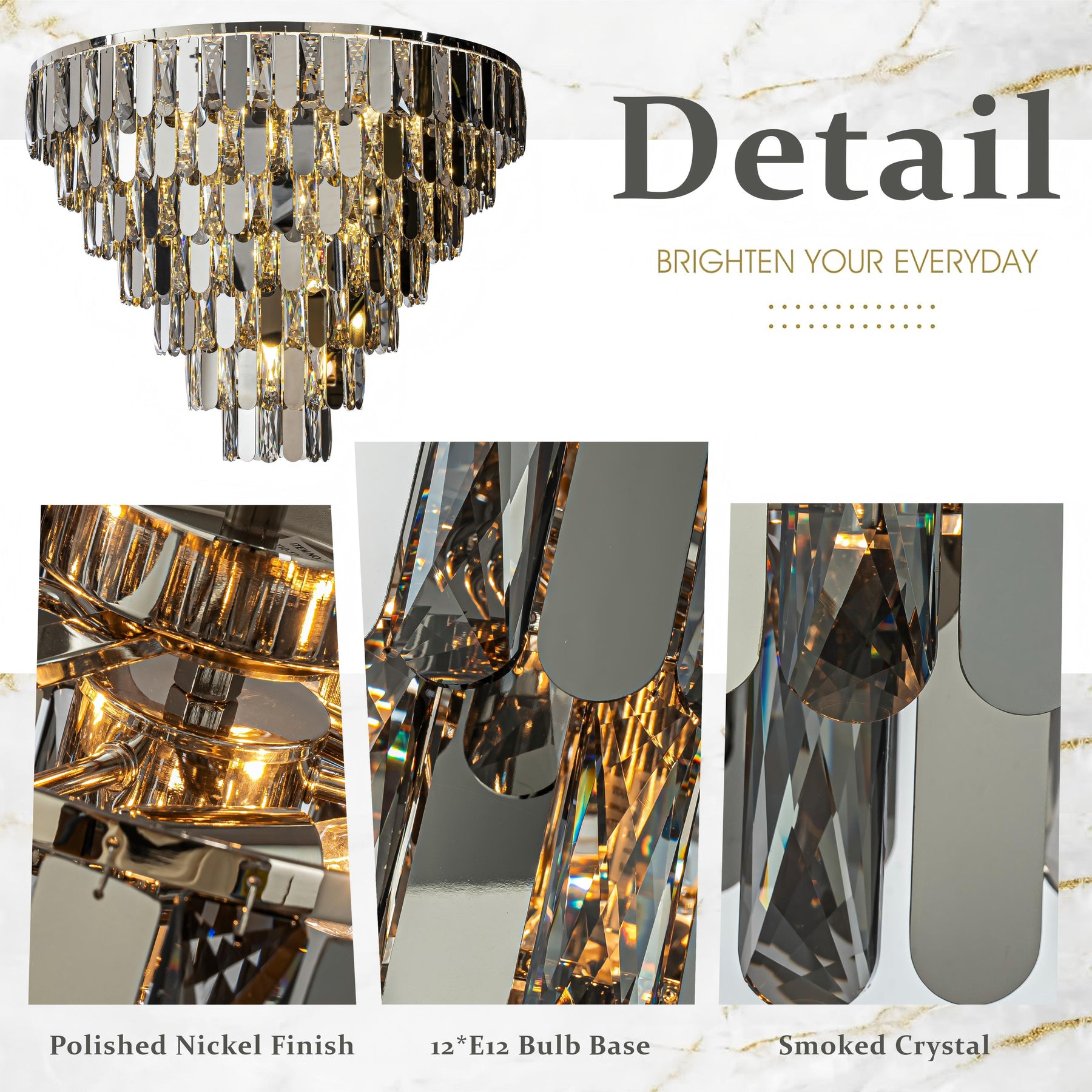 28" 12-Light Dimmable 7-Tier Smoked Crystal Flush Mount Ceiling Light Low Profile Luxury Fixture with Polished Nickel Finish and Stainless Steel Accents for Living Room, Dining Room