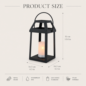 H13” Solar Outdoor Lantern with Flickering Candle Modern Metal Solar Lantern with Handle, Waterproof Patio Table & Hanging Light Auto On/Off for Garden Deck