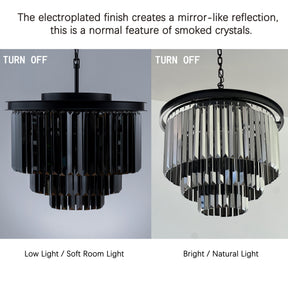 Matte Black 3-Tier Round Fringe Chandelier with Smoke Crystal