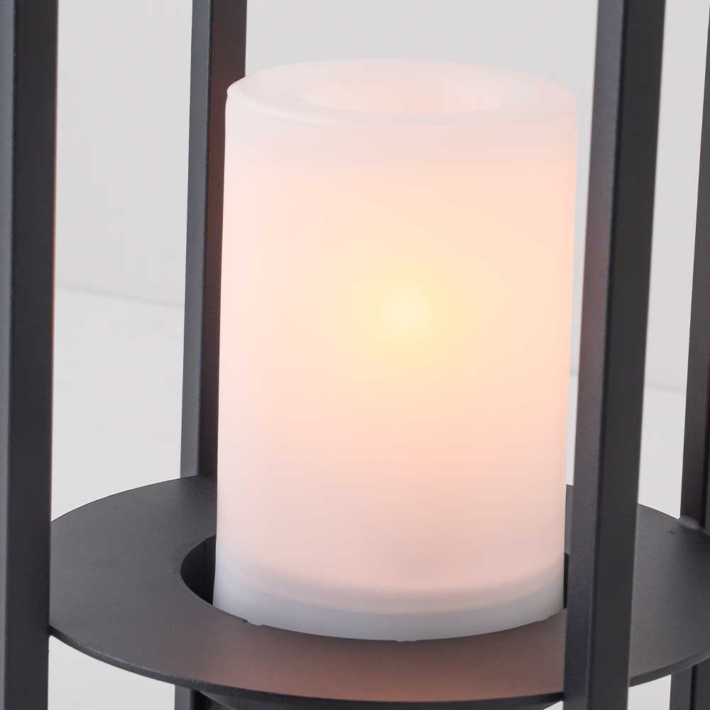 H18" Solar Outdoor Lantern with Flickering LED Candle and Automatic Dusk-to-Dawn Light Black Metal Frame