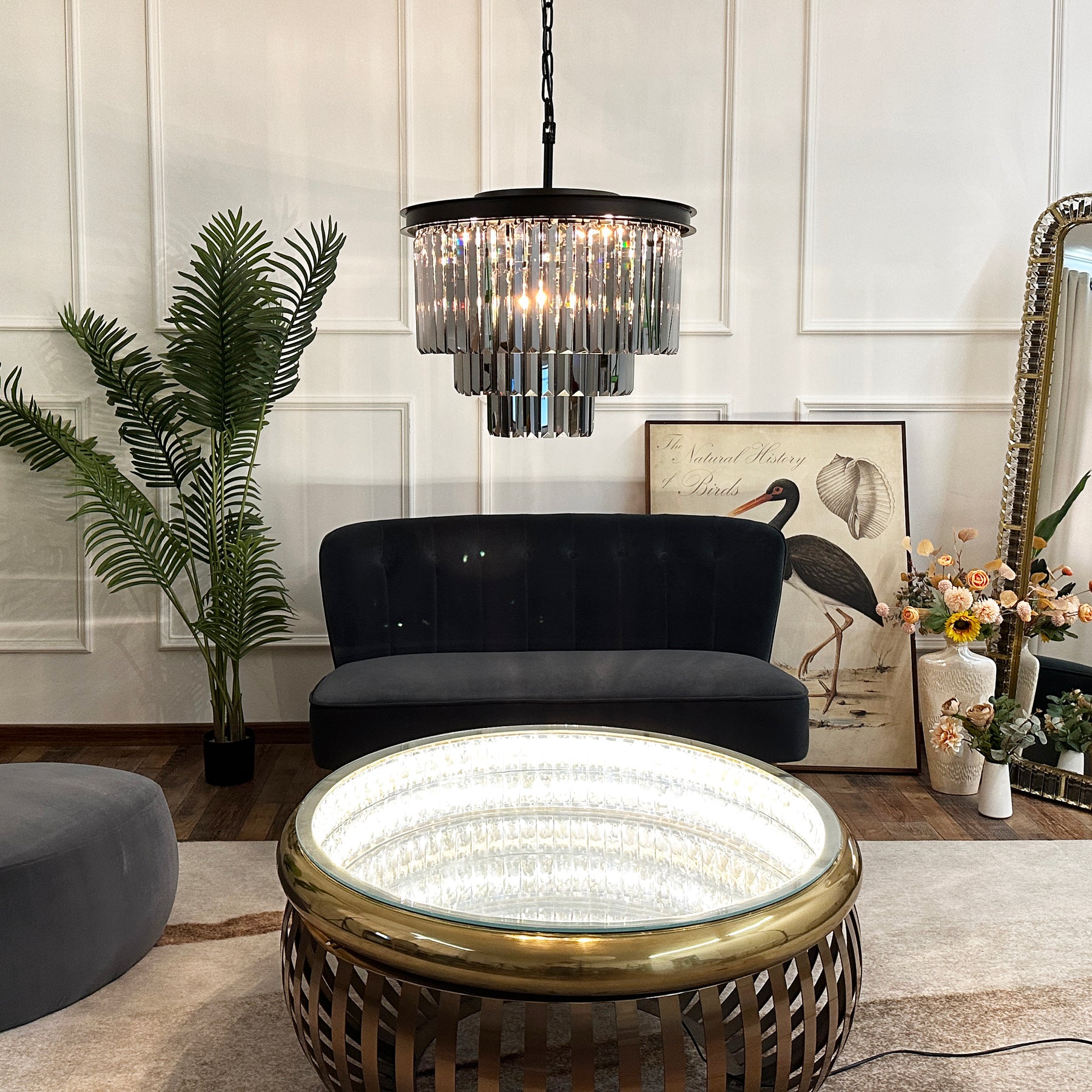 OpenBox 6-Lights Modern Matte Black 3-Tier Round Fringe Chandelier with Smoke Crystal Accent