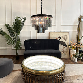 OpenBox 6-Lights Modern Matte Black 3-Tier Round Fringe Chandelier with Smoke Crystal Accent