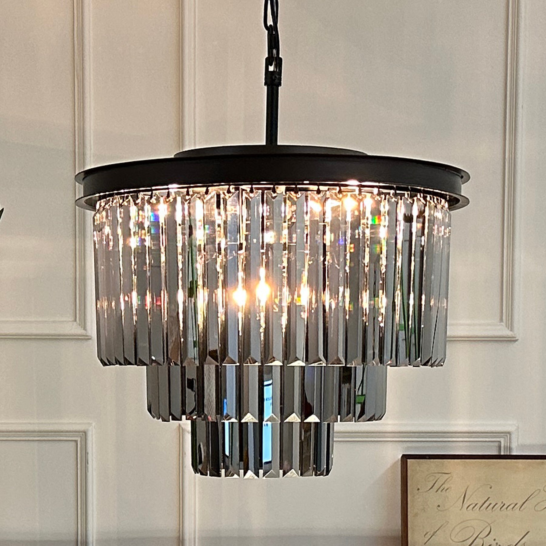 OpenBox 6-Lights Modern Matte Black 3-Tier Round Fringe Chandelier with Smoke Crystal Accent