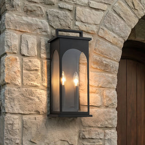 2-Light H19” Outdoor Wall Lantern Large Black Exterior Wall Light with Clear Tempered Glass and Dusk to Dawn Sensor for Front Door, Garage & Entryway