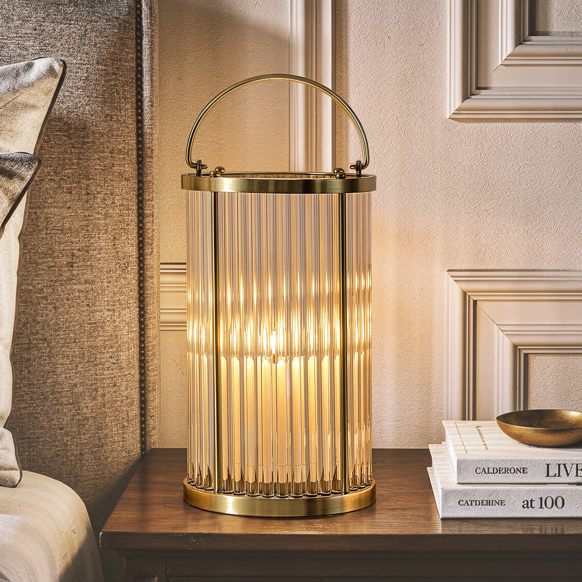 H12 in. Indoor Decorative Warm Brass Metal and Glass Rod Lantern with USB-C Rechargeable Flameless Candle for Dining Table