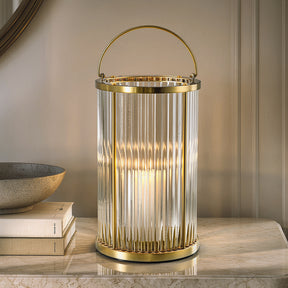 Warm Brass Lantern with Ribbed Glass and Rechargeable Candle