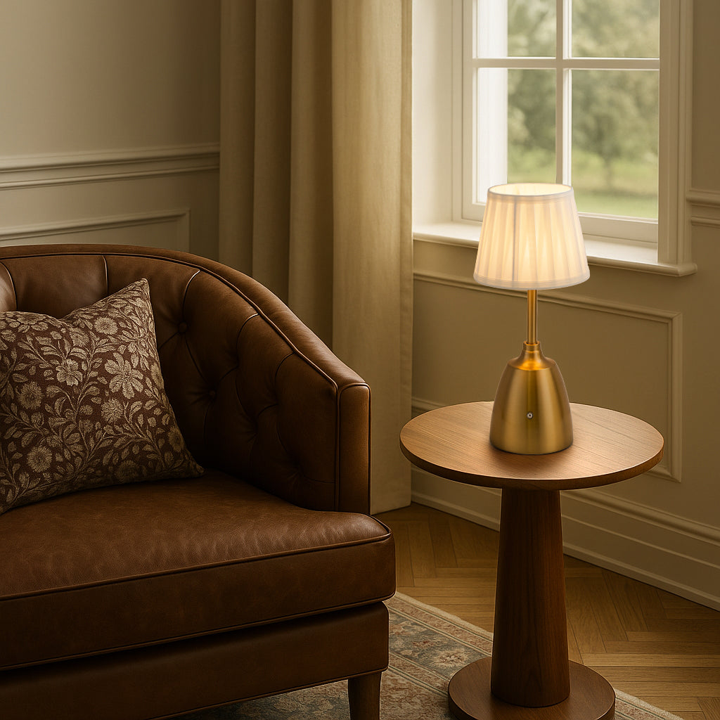 14” Vintage Fabric Shade Rechargeable LED Table Lamp Touch Control Cordless USB Nightstand Lamp in Antique Brass with Stepless Dimming