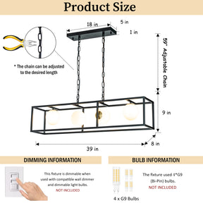 Modern Industrial Linear Rectangular Chandelier in Matte Black with Globe Glass Shade
