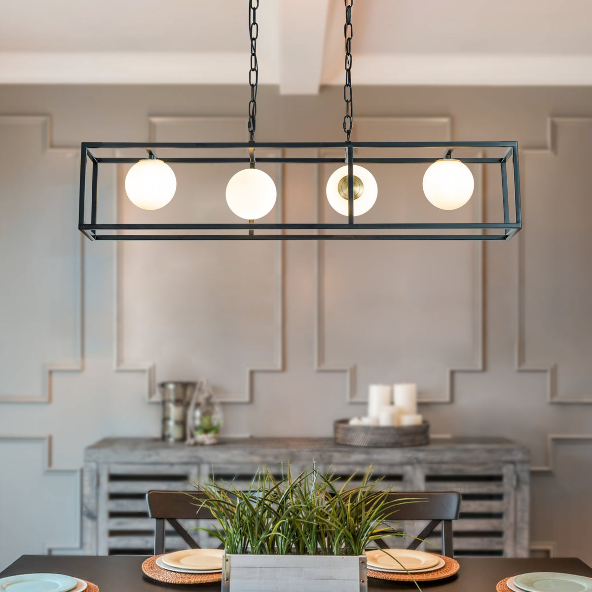 Modern Industrial Linear Rectangular Chandelier in Matte Black with Globe Glass Shade