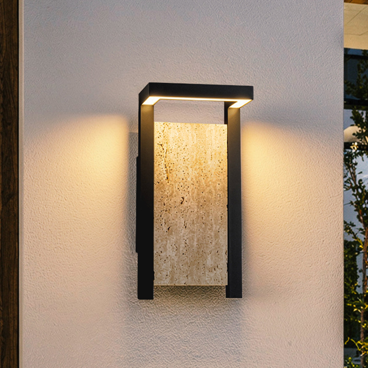 Modern Architectural Outdoor Wall Sconce H15" LED Exterior Wall Light with Travertine Stone Accent Panel 14W Integrated LED Warm Lighting Waterproof Contemporary Up & Down Design for Luxury Home Exterior