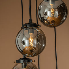 5-Light Modern Matte Black Staircase Chandelier with Smoke Globe Bubble Glass Corner Pendant